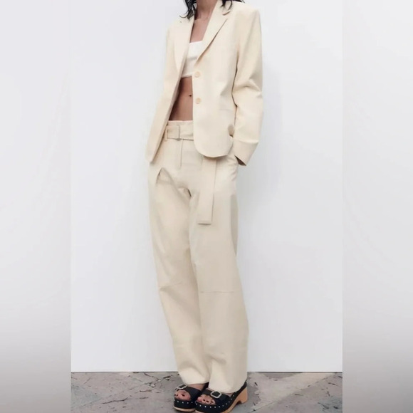 ZARA 100% Cotton Belted Pants Low Rise Adjustable Belt Size Medium NWT Office - Picture 1 of 5